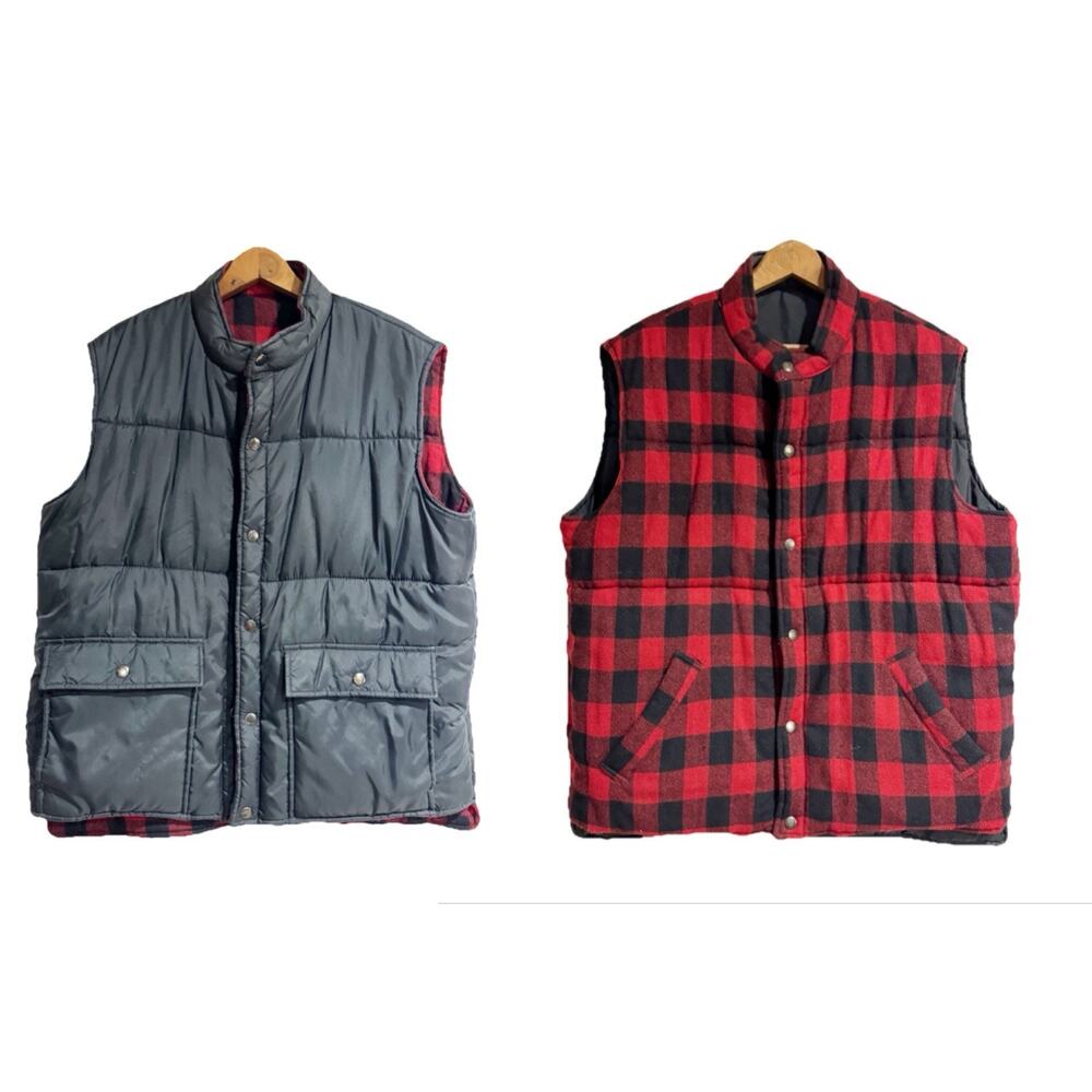 Shelter Bay By Arrow Men Large Reversible Black Puffer / Wool Buffalo Plaid Vest